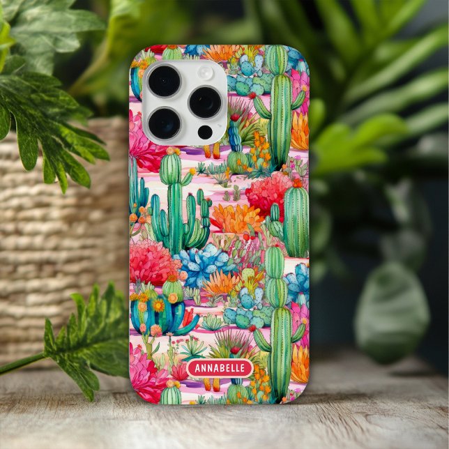 Colourful Preppy Cactus Floral Personalized Name Case-Mate iPhone Case (Creator Uploaded)