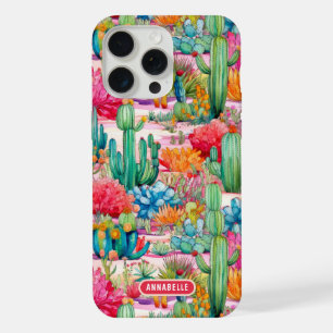 Colourful Preppy Cactus Floral Personalized Name iPhone 15 Pro Max Case