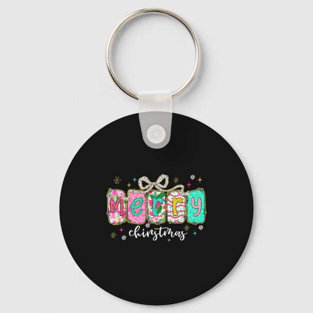 Colourful Preppy Merry Christmas Funny Coquette Bo Keychain (Front)
