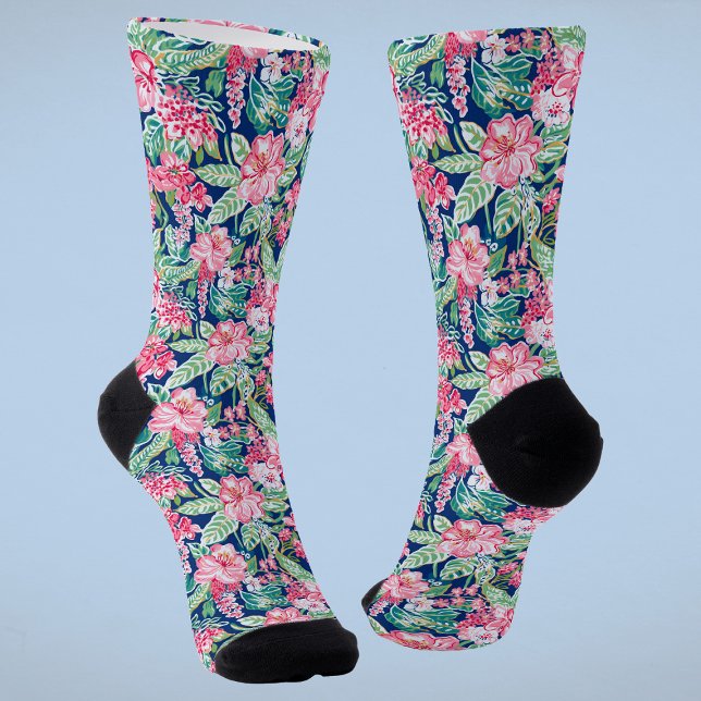 Colourful Preppy Tropical Floral Pattern Socks (Creator Uploaded)
