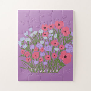 Colourful Pretty Floral Charm + Custom Name Jigsaw Puzzle