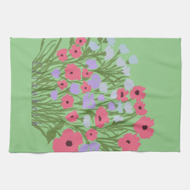 Colourful Pretty Floral Charm + Custom Name Kitchen Towel (Horizontal)