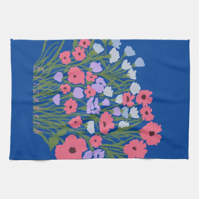 Colourful Pretty Floral Charm + Custom Name Kitchen Towel (Horizontal)