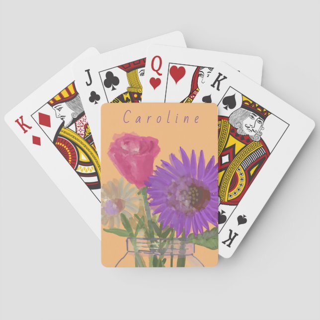 Colourful Pretty Happy Flowers + Custom Name Playing Cards (Back)