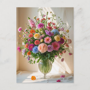 Colourful Pretty Mixed Flower Bouquet Clear Vase   Holiday Postcard