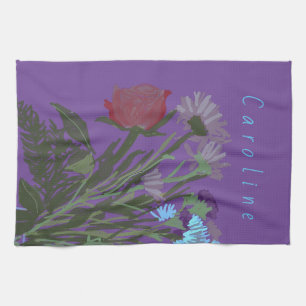 Colourful Pretty Spring Flowers + Custom Name Kitchen Towel