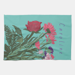 Colourful Pretty Spring Flowers + Custom Name Kitchen Towel