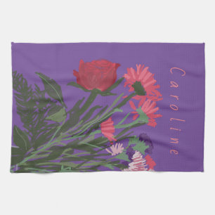 Colourful Pretty Spring Flowers + Custom Name Kitchen Towel