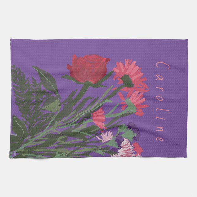 Colourful Pretty Spring Flowers + Custom Name Kitchen Towel (Horizontal)
