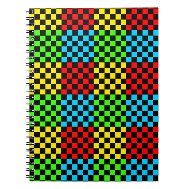 Colourful Primary Colours Chequerboard Spiral Notebook (Front)