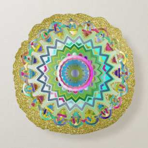 Colourful Prismatic Celtic Knots Gold Faux Glitter Round Pillow