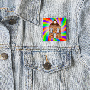 Colourful Psychedelic Brick House Rainbow Design 2 Inch Square Button