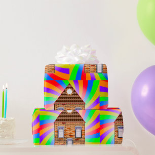Colourful Psychedelic Brick House Rainbow Design Wrapping Paper