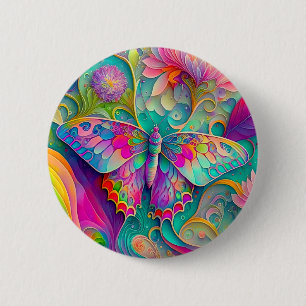 Colourful Psychedelic Butterfly and Flowers 2 Inch Round Button