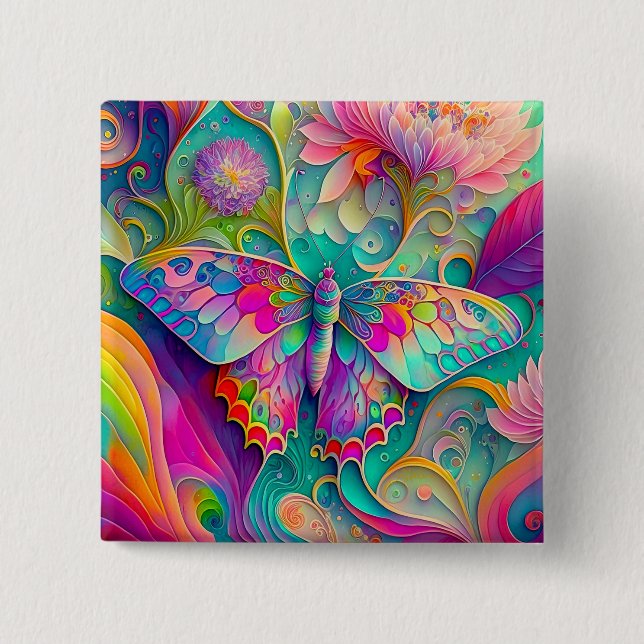 Colourful Psychedelic Butterfly and Flowers  2 Inch Square Button (Front)