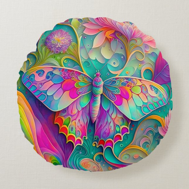 Colourful Psychedelic Butterfly and Flowers  Round Pillow (Front)