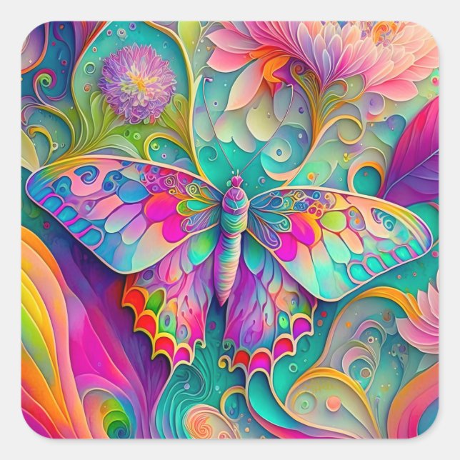Colourful Psychedelic Butterfly and Flowers  Square Sticker (Front)