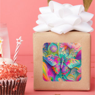 Colourful Psychedelic Butterfly and Flowers Square Sticker