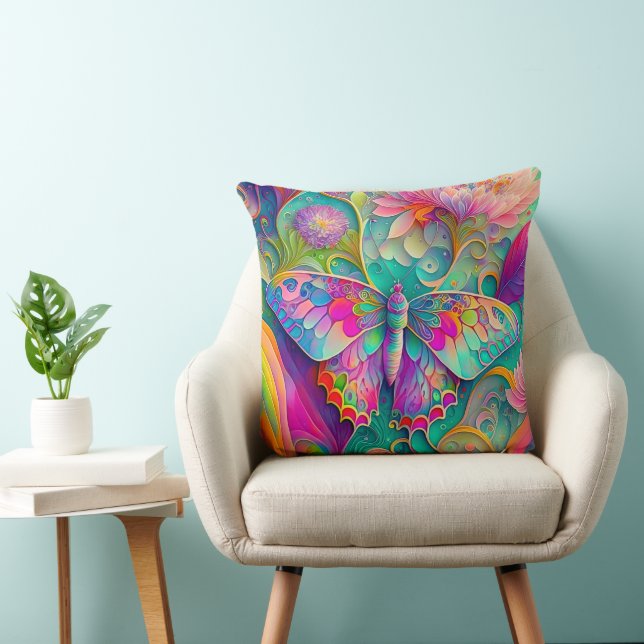 Colourful Psychedelic Butterfly and Flowers  Throw Pillow (Chair)