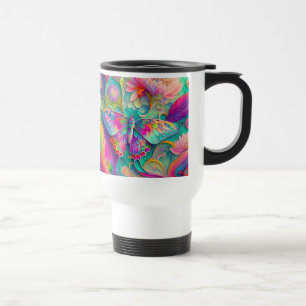 Colourful Psychedelic Butterfly and Flowers Travel Mug