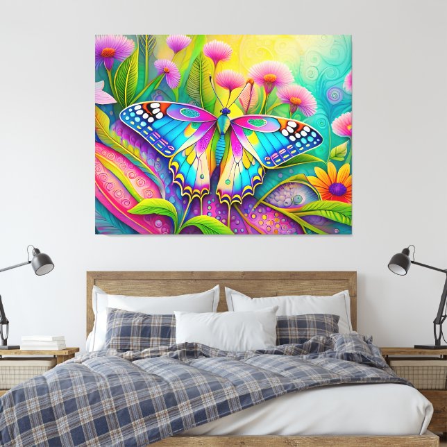 Colourful Psychedelic Butterfly and Wildflowers  Canvas Print (Insitu(Bedroom))