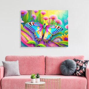 Colourful Psychedelic Butterfly and Wildflowers Canvas Print