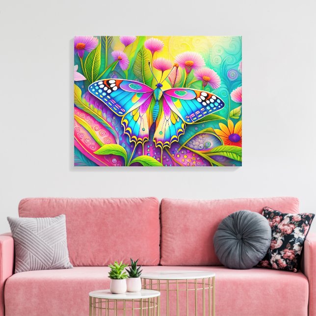 Colourful Psychedelic Butterfly and Wildflowers  Canvas Print (Insitu(LivingRoom))