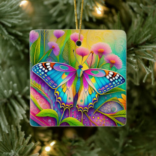 Colourful Psychedelic Butterfly and Wildflowers  Ceramic Ornament