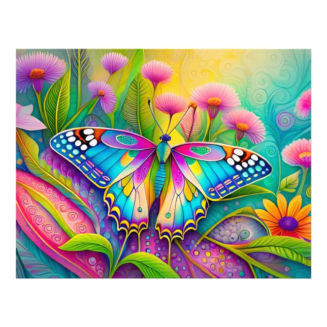 Colourful Psychedelic Butterfly and Wildflowers  Photo Print (Front)