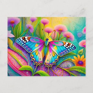 Colourful Psychedelic Butterfly and Wildflowers  Postcard
