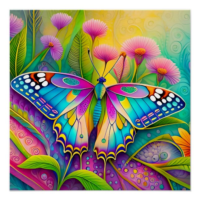 Colourful Psychedelic Butterfly and Wildflowers  Poster (Front)