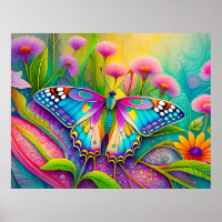 Colourful Psychedelic Butterfly and Wildflowers 