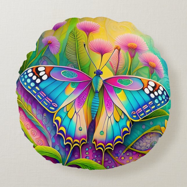 Colourful Psychedelic Butterfly and Wildflowers  Round Pillow (Front)
