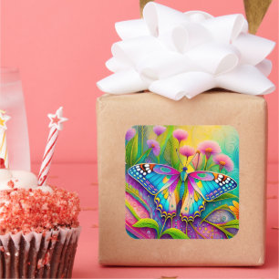 Colourful Psychedelic Butterfly and Wildflowers  Square Sticker