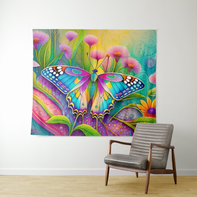 Colourful Psychedelic Butterfly and Wildflowers  Tapestry (In Situ (Horizontal))