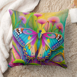 Colourful Psychedelic Butterfly and Wildflowers Throw Pillow