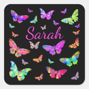 Colourful Psychedelic Butterfly Art Sarah Add Name Square Sticker