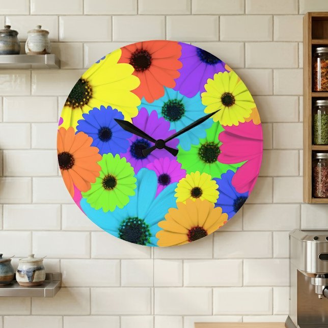 Colourful Psychedelic Daisy Floral Pattern Large Clock (Colorful Psychedelic Daisy Floral Pattern. Large Clock)