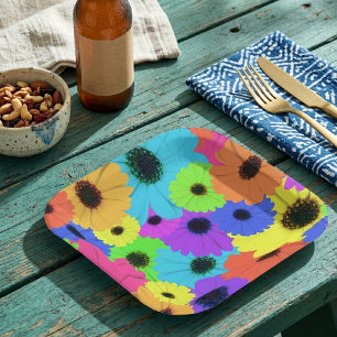 Colourful Psychedelic Daisy Floral Pattern Paper Plate