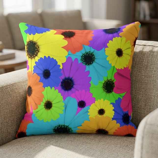 Colourful Psychedelic Daisy Floral Pattern Throw Pillow (Colorful Psychedelic Daisy Floral Pattern. Throw Pillow)