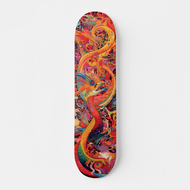Colourful psychedelic dragons skateboard (Front)