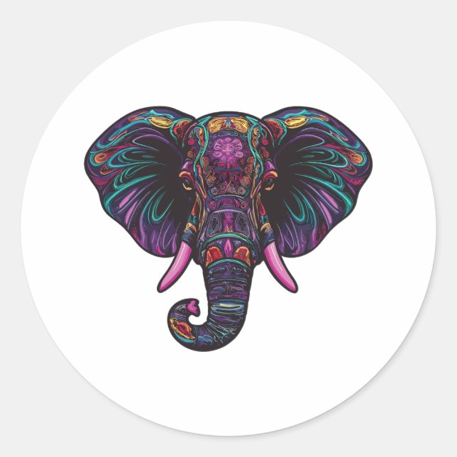 Colourful Psychedelic Elephant Classic Round Sticker (Front)