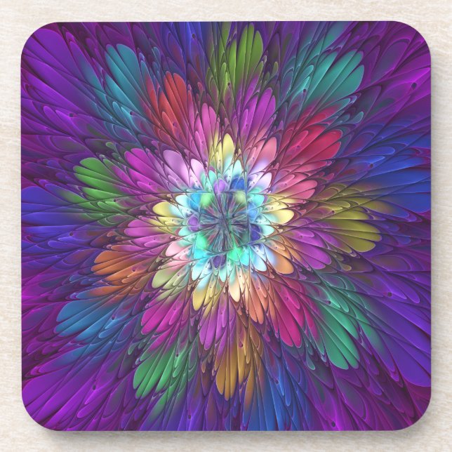 Colourful Psychedelic Flower Abstract Fractal Art Coaster (Front)