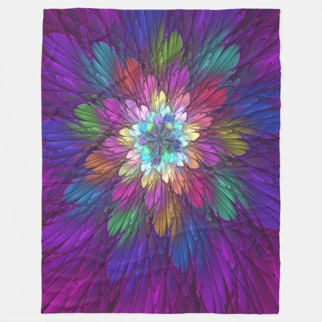 Colourful Psychedelic Flower Abstract Fractal Art Fleece Blanket (Front)