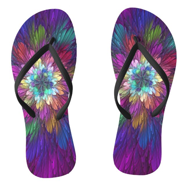 Colourful Psychedelic Flower Abstract Fractal Art Flip Flops (Footbed)