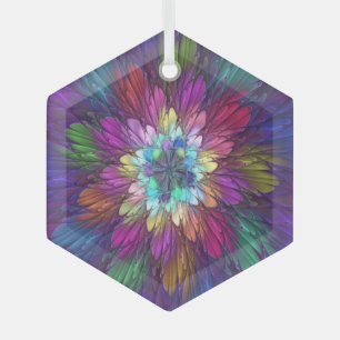 Colourful Psychedelic Flower Abstract Fractal Art Glass Ornament