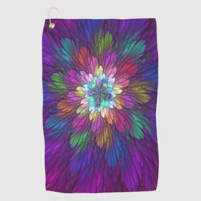Colourful Psychedelic Flower Abstract Fractal Art Golf Towel (Front)