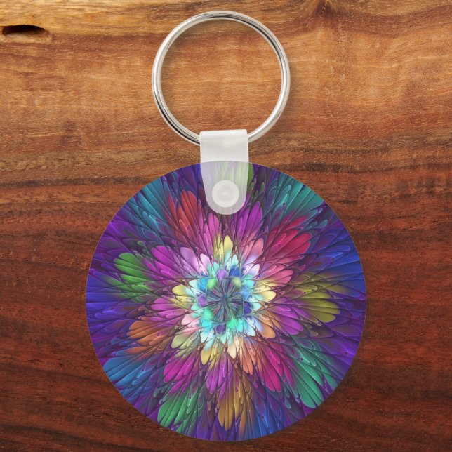 Colourful Psychedelic Flower Abstract Fractal Art Keychain (Front)