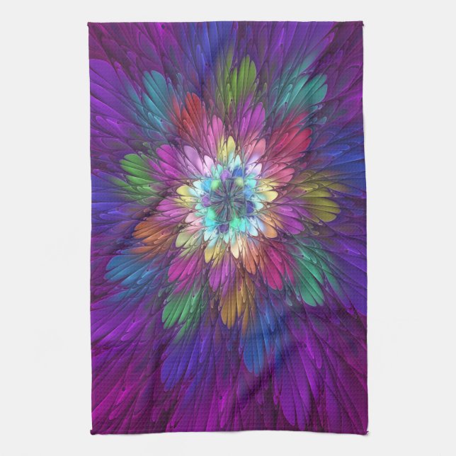 Colourful Psychedelic Flower Abstract Fractal Art Kitchen Towel (Vertical)