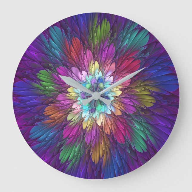 Colourful Psychedelic Flower Abstract Fractal Art Large Clock (Front)